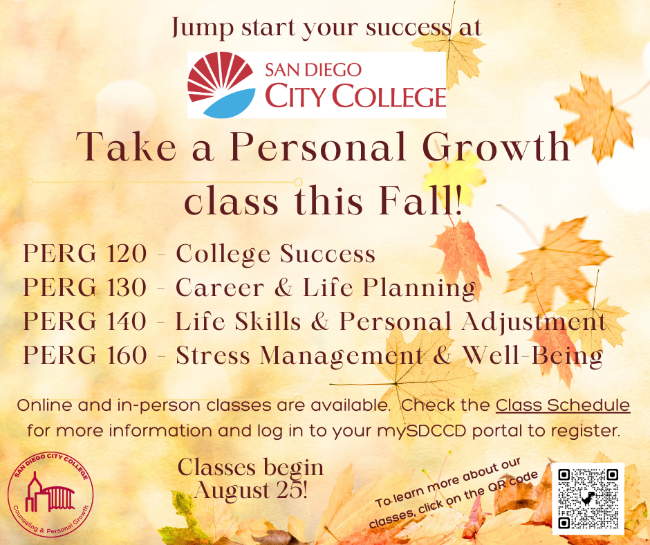 Fall '25 Open PERG Classes open PERG classes flyer with fall colors in orange, yellow, brown, and gold, fall leaves, college logo