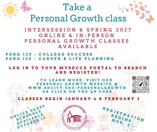 flyer for spring 27 personal growth classes with spring flowers, butterflies, in blue and red lettering