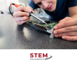 STEM Pathways Program logo and student conducting STEM experiment