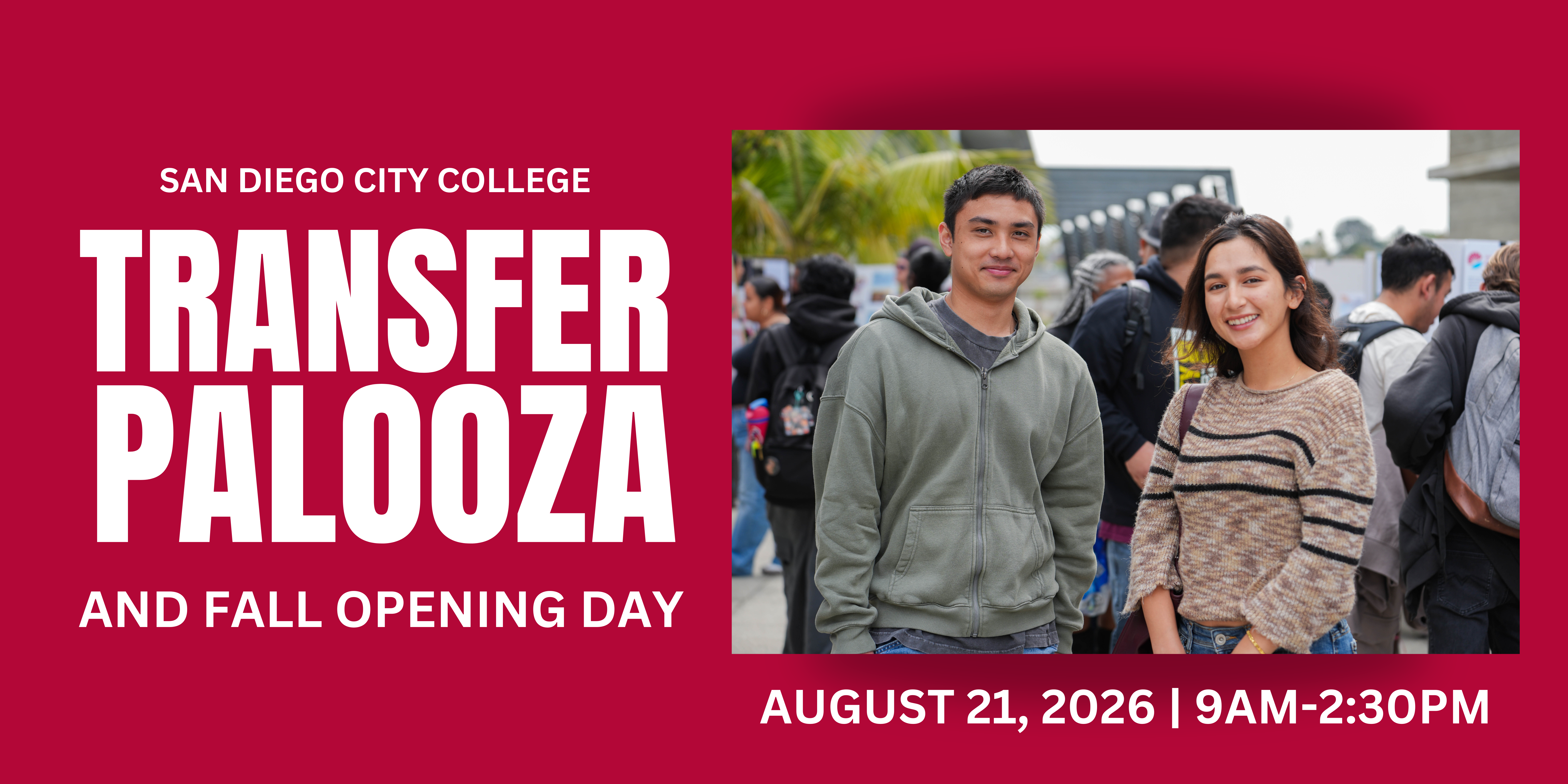 Decorative banner promoting TransferPalooza and Fall Opening Day at San Diego City College, featuring two students at a campus event.