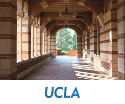 Archway corridor at UCLA with brick columns and tiled flooring; UCLA logo displayed below
