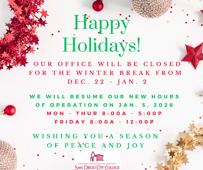 2025-26 Holiday Closure and New Hours holiday wishes and new hours of operation in red and green letters with stars and christmas decorations