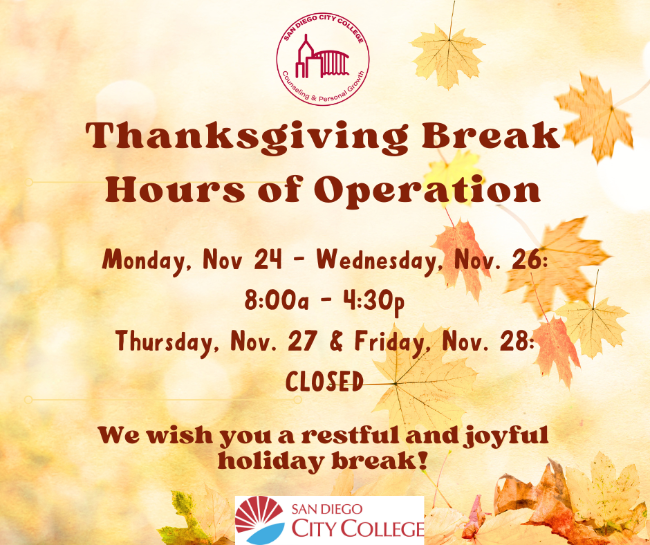 Thanksgiving Break Hours fall leaves, orange and yellow, red letters with thanksgiving break hours of operation