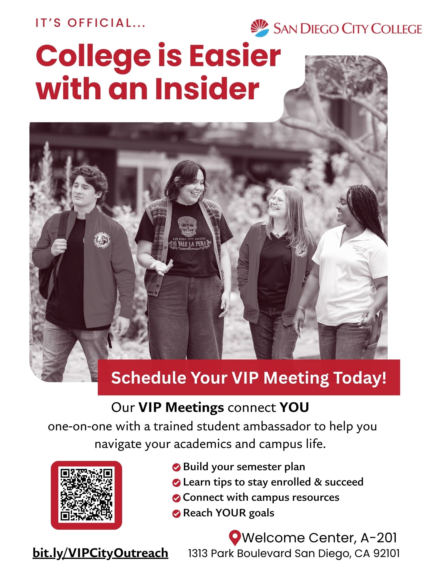 4 students walking on campus with logistics on how to schedule VIP meetings